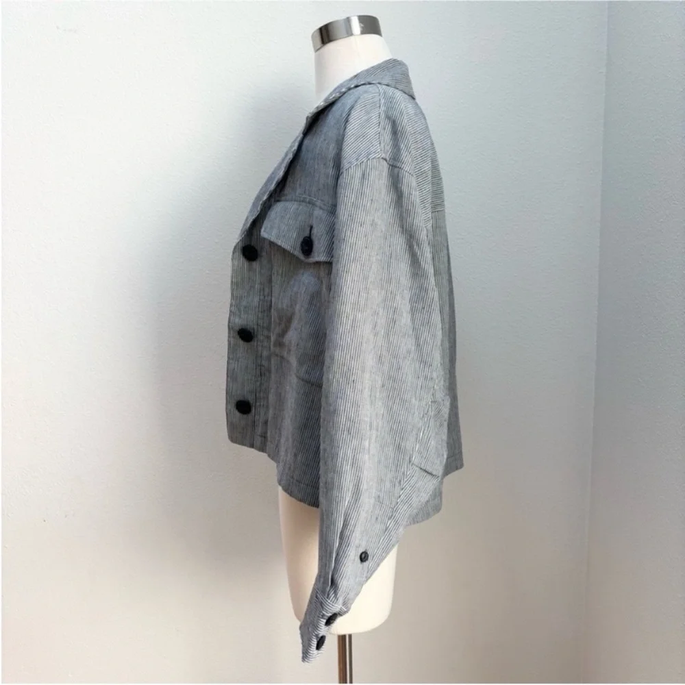 Rag and Bone Designer Jacket Cropped Striped Jessie Coat Linen Gray Size Medium - Picture 8 of 14